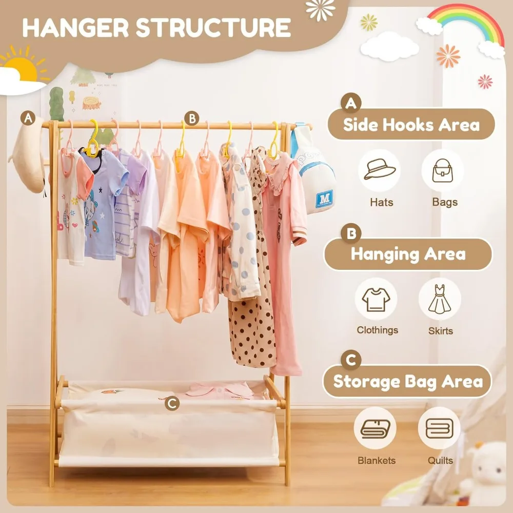 Kids Clothing Rack with Storage Box, Dress up Rack, Child Garment Rack with Hanging Rods, Small and Foldable, Bamboo (Natural)