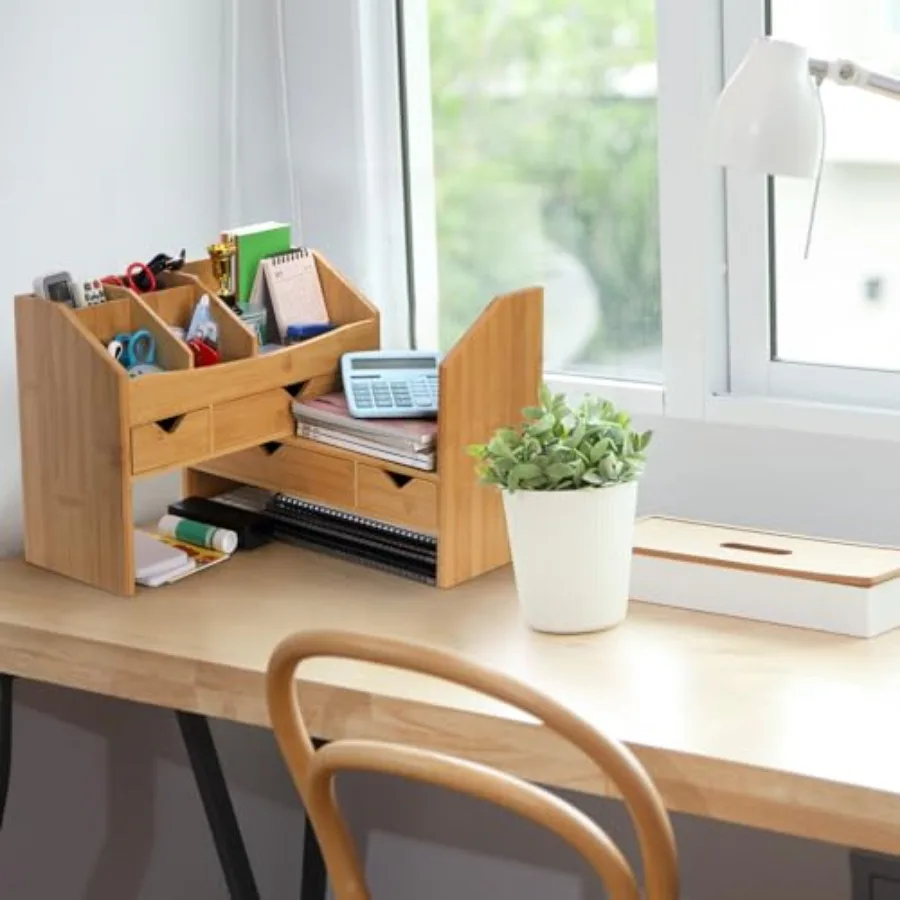Bamboo Desk Organizer with Adjustable File Holder 2