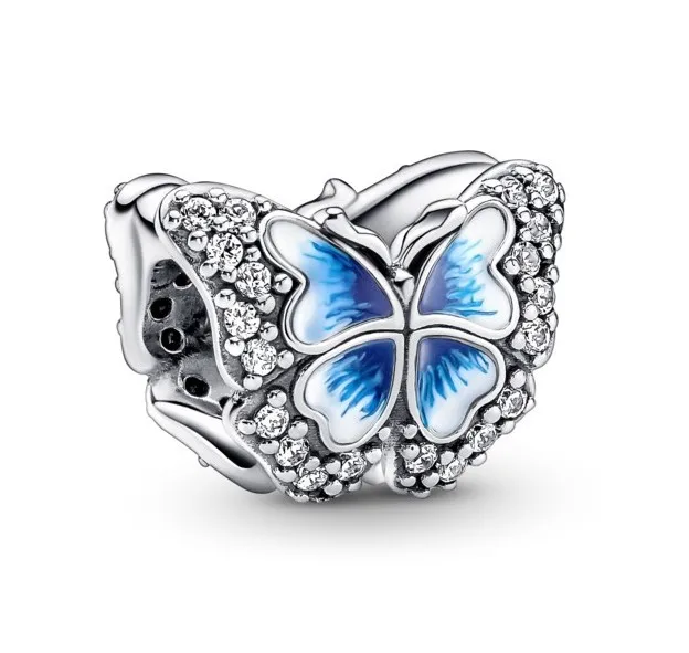 

Original Blue Butterfly Sparkling Beads Charm Fit Pandora Women 925 Sterling Silver Europe Bracelet Bangle Diy Jewelry