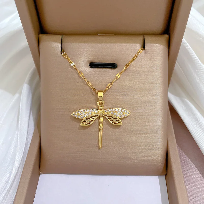 DIEYURO 316L Stainless Steel Personality Dragonfly Pendant Necklace For Women Fashion Girls Collarbone Chain Party Jewelry Gifts_voghion.com