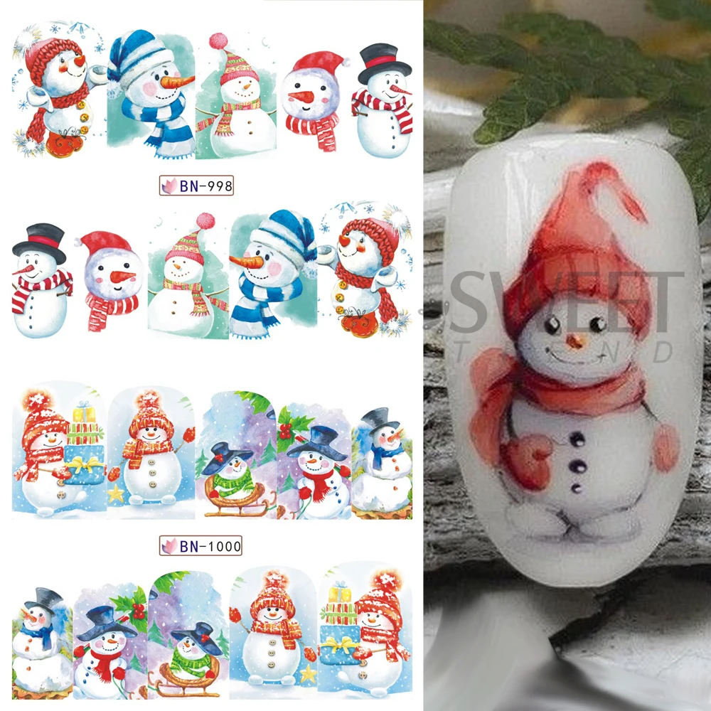 1/2 Sheets Christmas Nail Stickers Water Transfer Decals Holiday Cartoon Design Snowman Snowflake Sliders Manicure Decorations