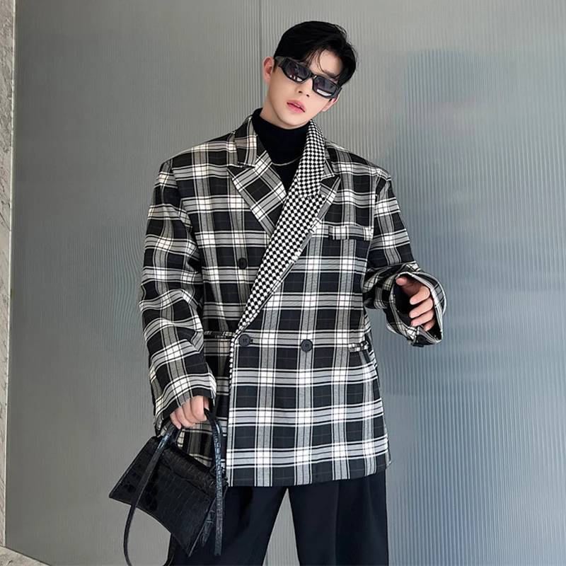 

SYUHGFA Elgance Men's Blazers Korean Style Half Double Neckline Niche Design Checkered Contrast Color Oversize Suit Jacket