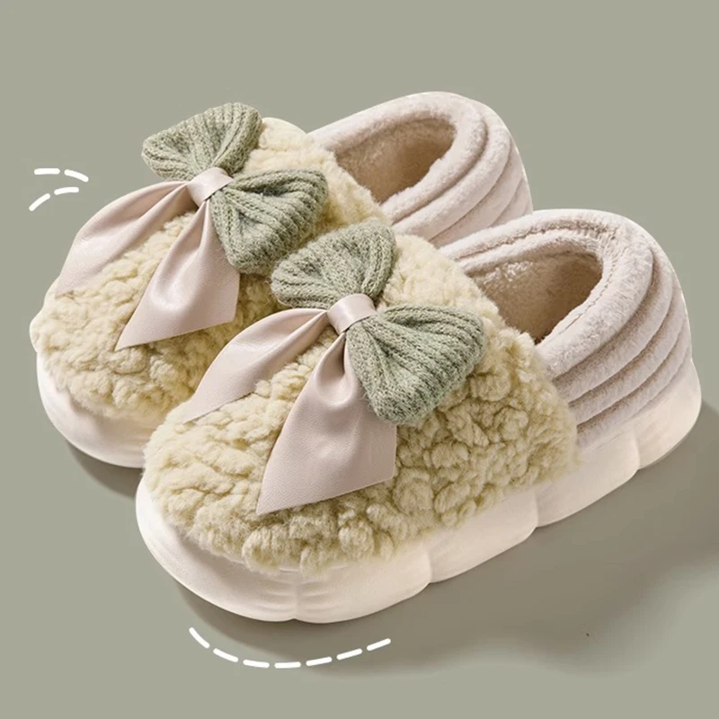 Bowknot Decor Wrap Heels Plush Slippers Women Winter Indoor Home Warm Fluffy Slides Woman Soft Non Slip Cotton Slippers Female