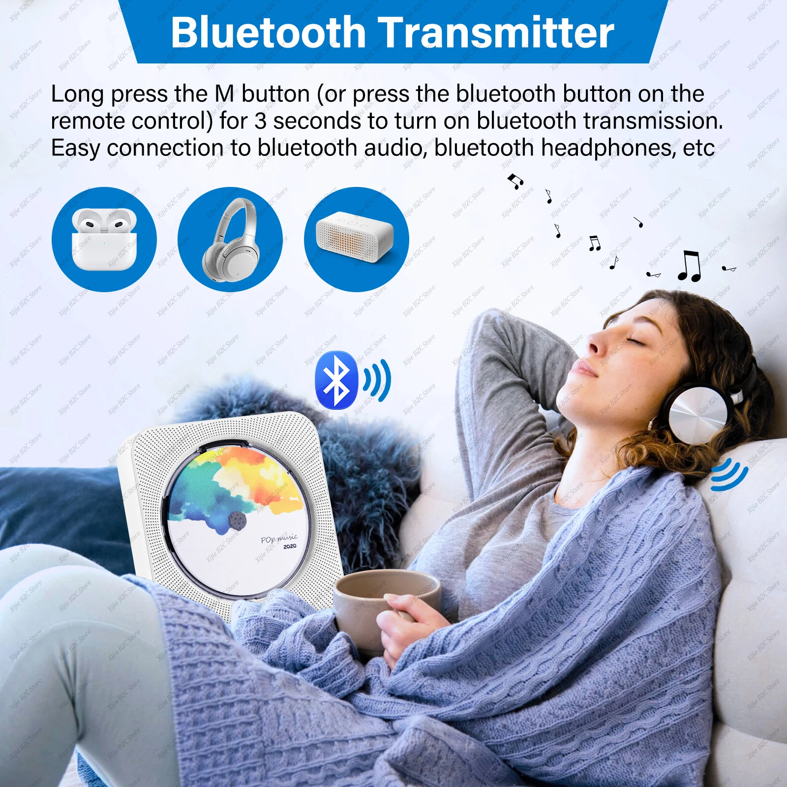 Portable CD Player Bluetooth Speaker Stereo CD Players LED Screen Wall Mountable Music Player with IR Remote Control FM Radio