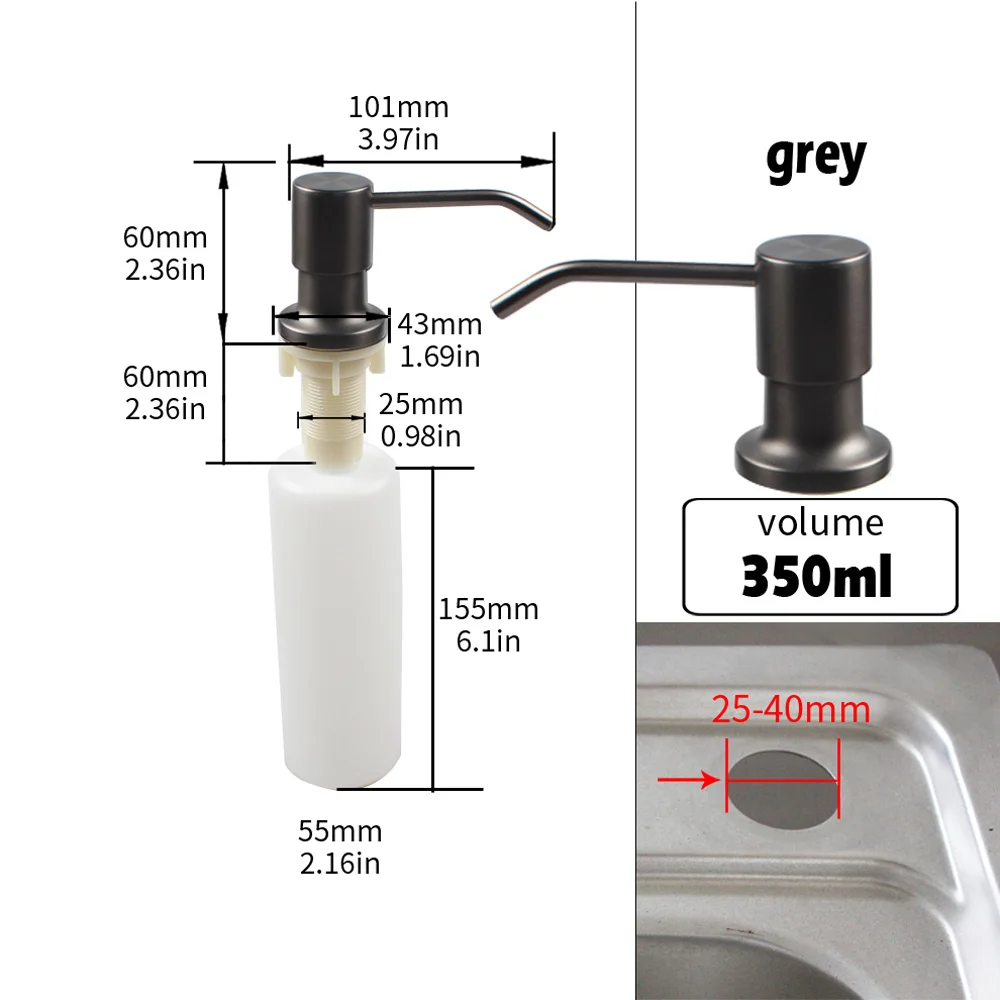 Talea Sink Soap Dispenser Pump & PP Bottle 350ML(Brushed Grey)Refillable Soap Dispenser with 360&deg; Rotation Pump for Kitchen Sink