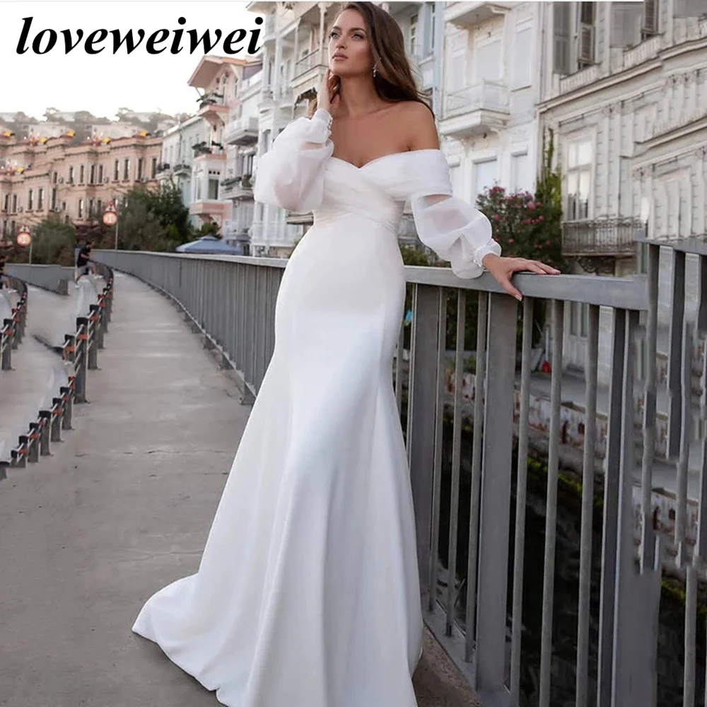 

Chiffion Mermaid Wedding Dress Long Fuff Sleeve Sexy Lace Beach Bride Dress Off The Shoulder Boho Bridal Gowns Vestido De Novia