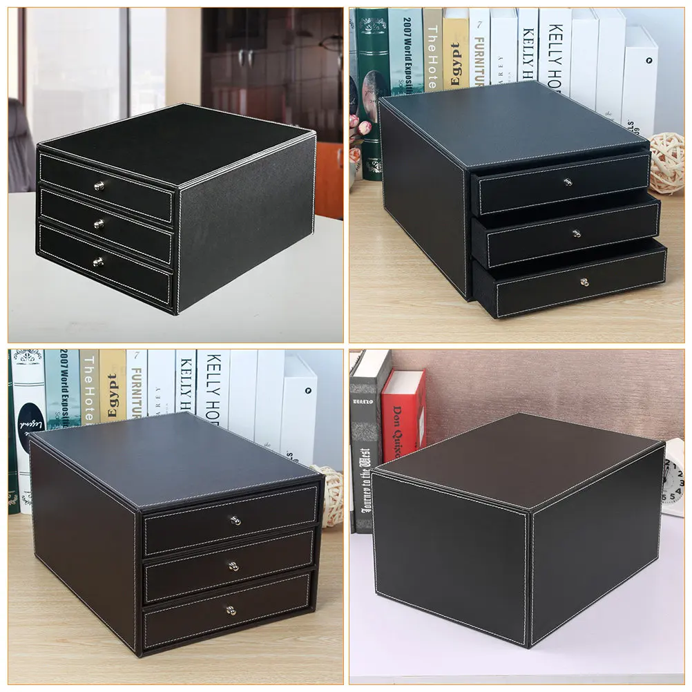 1Pcs A4 크기 3단 서랍 책상 정리함 사무실 홈 학교 거실 침실 PU 스토리지용 데스크탑 파일 상자