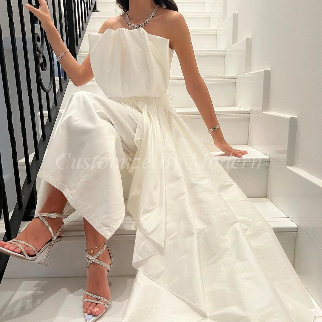 

Ivory Satin Long Prom Dresses Strapless Sheath Feathers Ankle Length Saudi Arabia Women Evening Party Dress