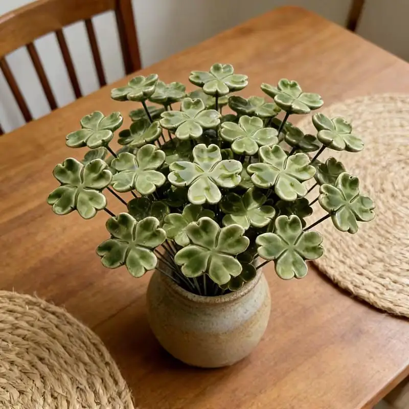 Four-Leaf Clover Eternal Ceramic Flowers - Symbol of Luck, Hope, Faith & Love Home Decor
