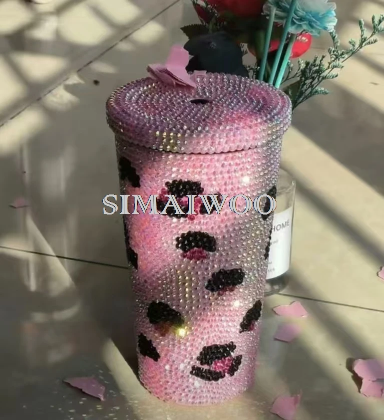 Bling Stroh Tasse handgemachte funkelnde Krone Leopard Edelstahl 500ml Thermoskanne Vakuum Weihnachten rot grün Mosaik Kreuz stich – Detail 4