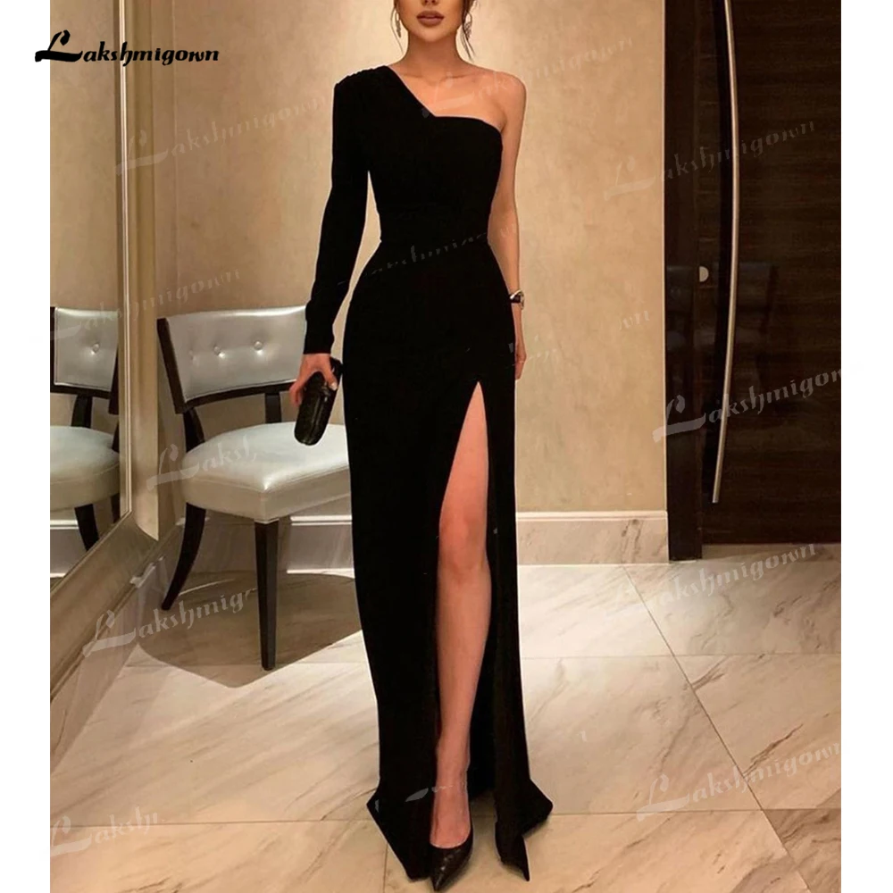 

vestidos de noche Black Slit One Shoulder Satin Long Mermaid Evening Dresses Sexy Simple Design prom Gown robe de soirée femme