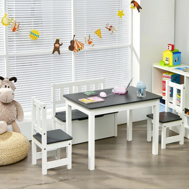 Tavolo e sedie per attività in legno per bambini da 4 pezzi con panca  portaoggetti e tavolo da studio tavolo da studio scrivania e sedia per  bambini - AliExpress