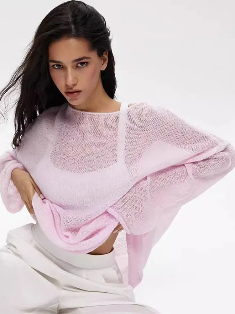 Knitted Hollow Sweater Pullover Women's Loose Long-Sleeved Fashion Solid Color Round Neck See-Through Street Top Pullover