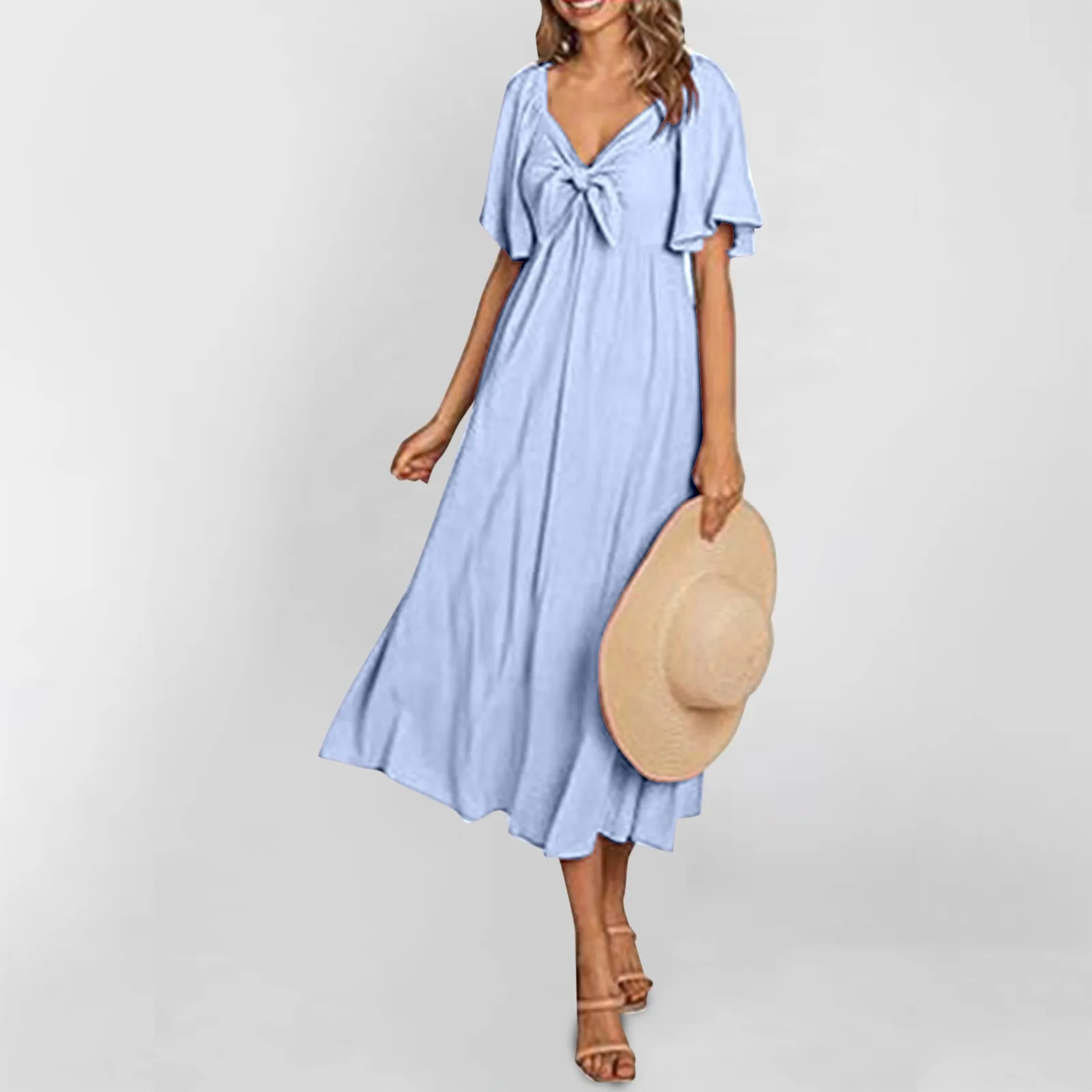 

Solid Midi Dress Women Summer Dresses Short Sleeves V Neck Button Drawstring Maxi Dresses Solid Color Dress for Teens Homecoming