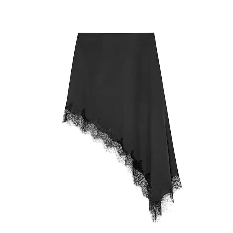 Asymmetry Lace Splicing Long Skirts For Women 2025 New Fashion Satin Elegant Midi Skirt Street Casual Holiday Skirts ﻿Mujer