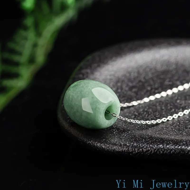 Jadeite Pendant Planted Bean Green Transfer Bead Female Jade Necklace S925 Silver Chain for 1 Real and Items
