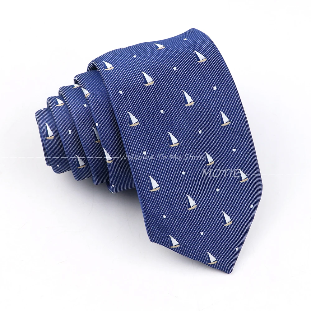Lovely Polyester Necktie Blue Small Sailboats Pattern Tie For Men Wedding Party Daily Wear Shirt Suit Decoration Accessory Gift