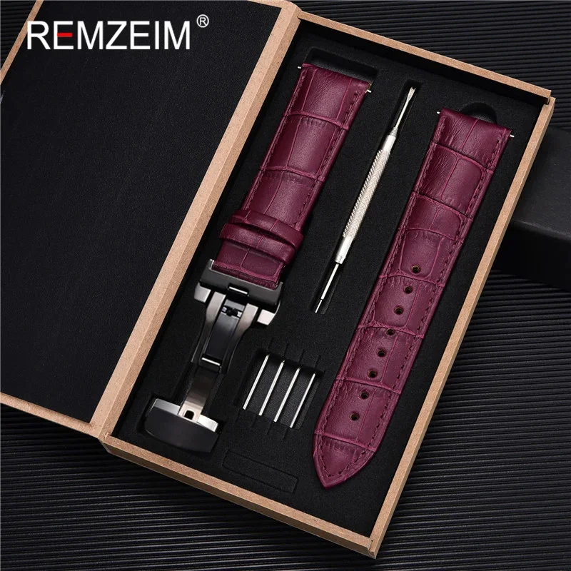 Premium Genuine Leather Watch Band with Stainless Steel Butterfly Clasp and Tool Set