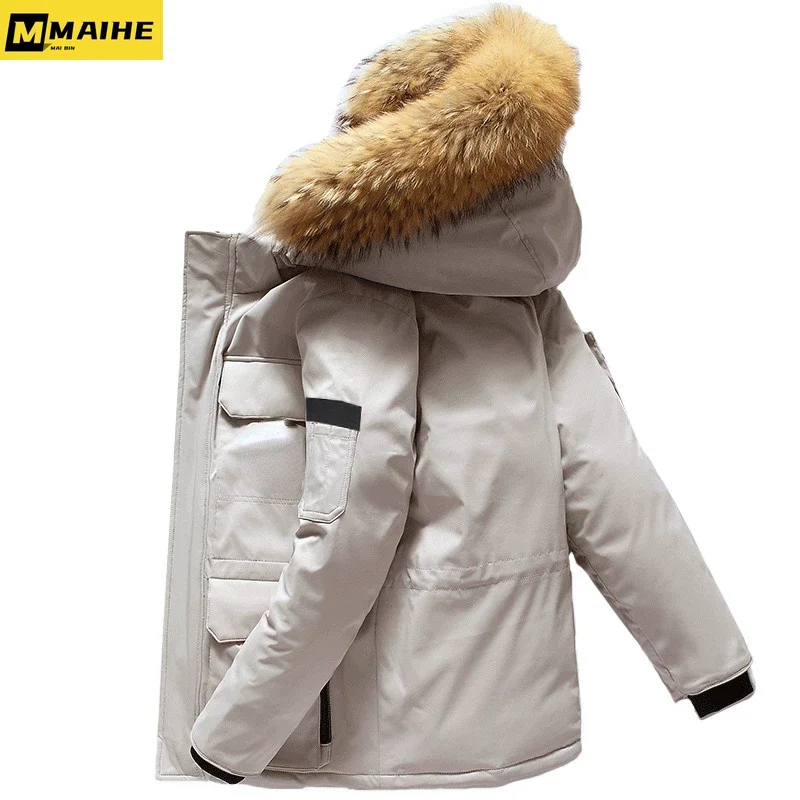 Men Luxury Down Jacket Long Winter Warm Lightweight Removable Fur Collar Hooded White Duck Padded Parka