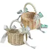 Wicker Rattan Flower Child Basket with Pearl Handle and Bowknot Hand Woven Flower Basket Wicker Basket for Wedding Party 5