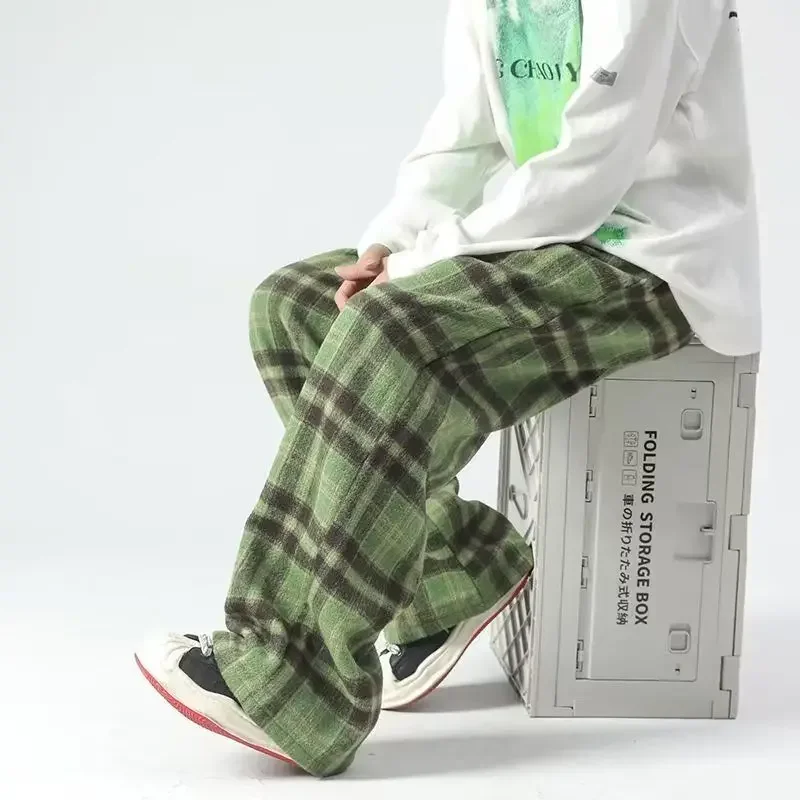 Spring new avocado green wool plaid casual pants trendy brand loose ins design straight wide leg pants korean style  plus size тату avocado style 15 5 8 микс орр