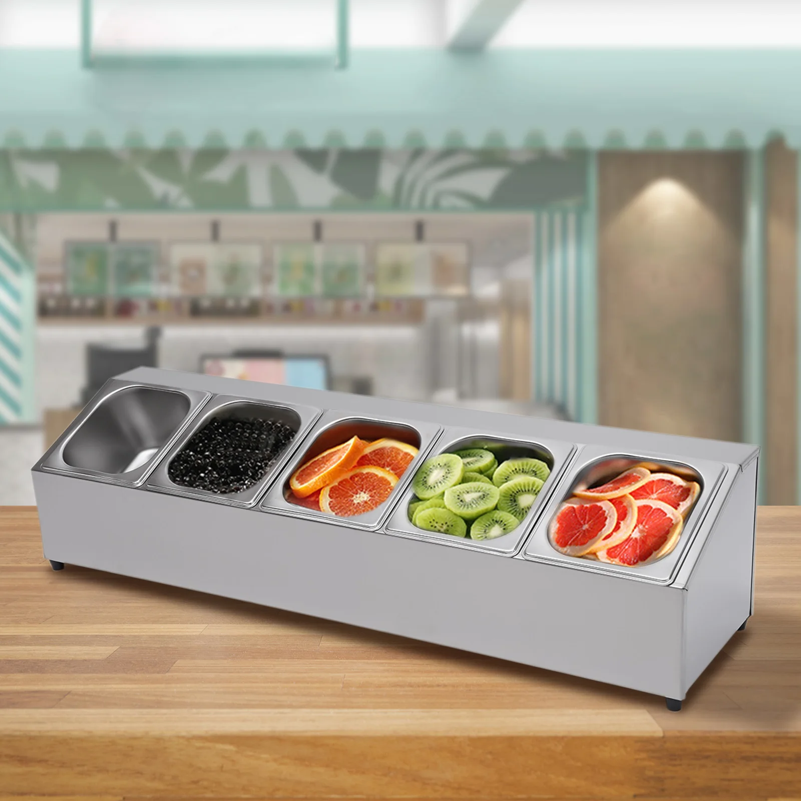 Pizza Topping Station Organizer Condiment Container w/5 Pans & Lids, Stainless Steel Seasoning Food Containers