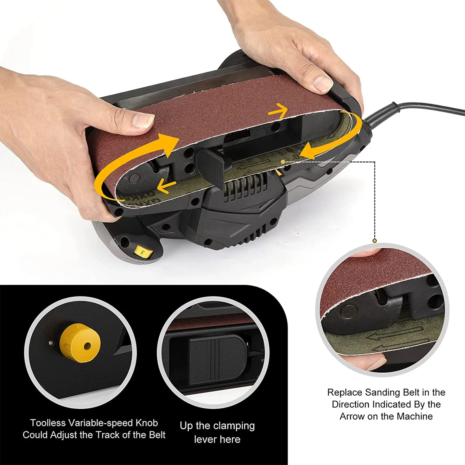 750W Belt Sander Table Sander with Variable Speed Control 2-in-1 Vacuum Cleaner Adapter 3 Meter Length Power Cable 10 Piece Belt 4