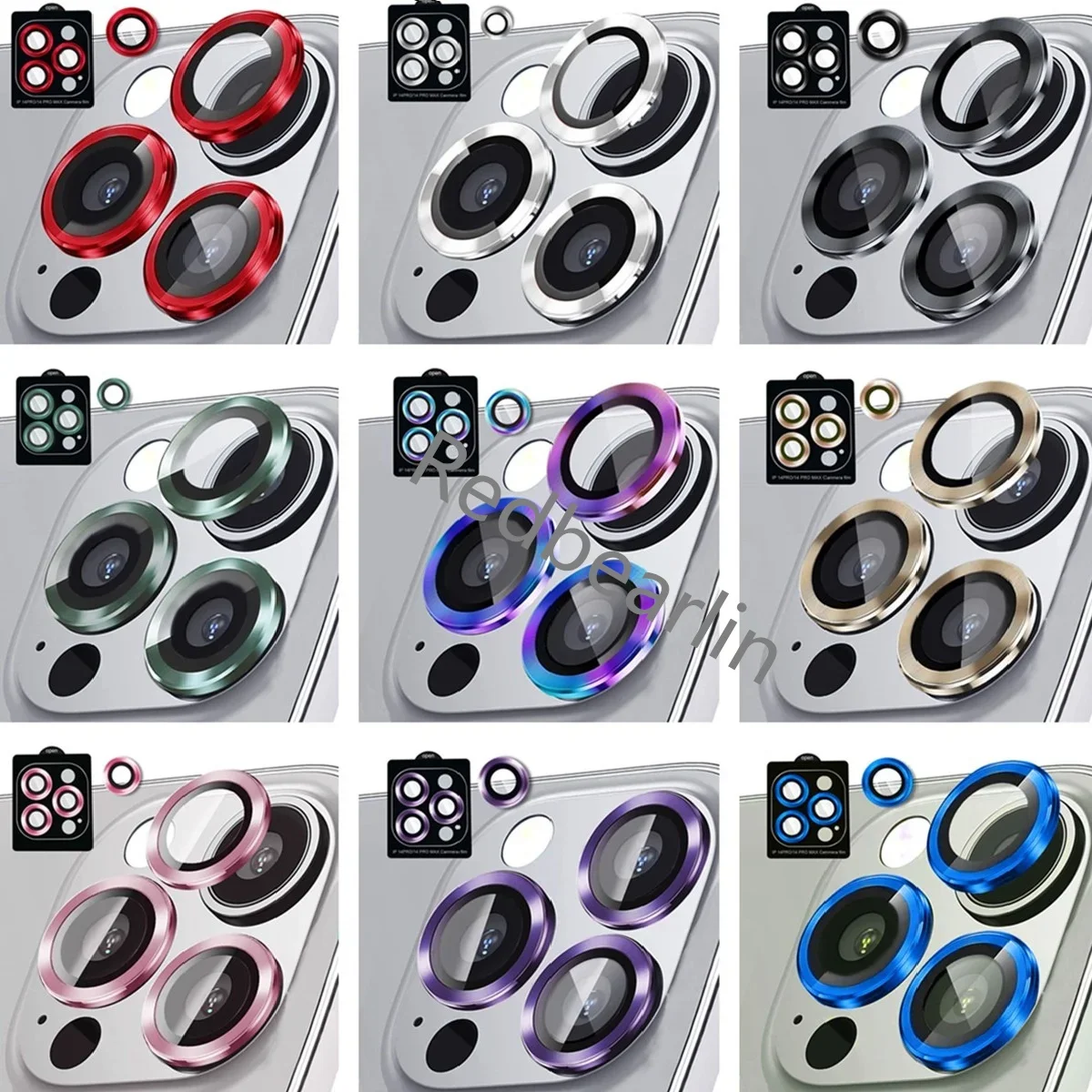 

50pcs 3D Curved Tempered Glass Metal Ring Camera Protector Cover For iphone 15 11 12 13 14 Pro Max Lens Film Protect Cap