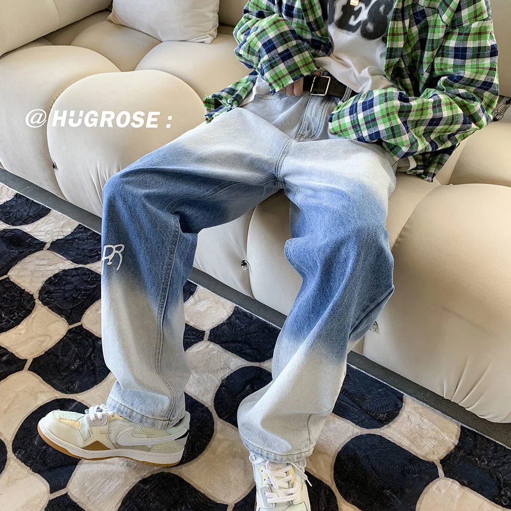 

Loose Washed Gradient Jeans Mens Loose Trend Straight Wide Leg Pants Casual Hiphop Denim Fashion Mopping Trousers Four Seasons