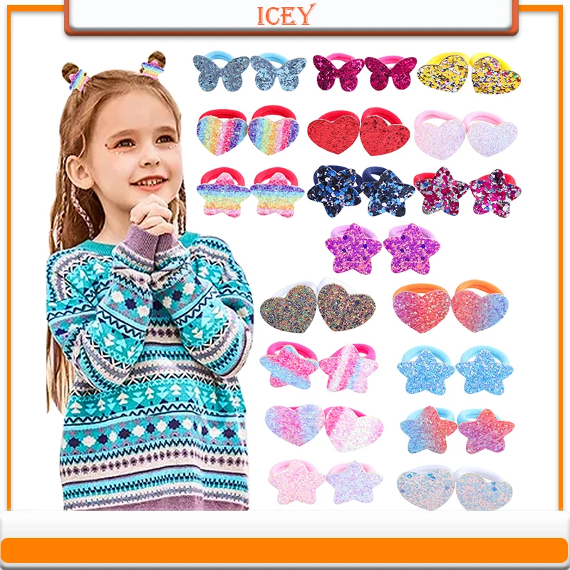 18pairs Toddler Hair Ties Girl Ponytail Holder Elastic Children Hair Bands Glitter Sequins Butterfly Rainbow Sparkly Accessories accessories baby girl cotton turban big bow hat toddler kids head wrap newborn beanie solid color infant bonnet cap 0 2t