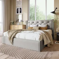 Гидравлическая двуспальная кровать 160х200см, кровать с решетчатым основанием из металлического каркаса, хлопок, светло-серый — изображение 6