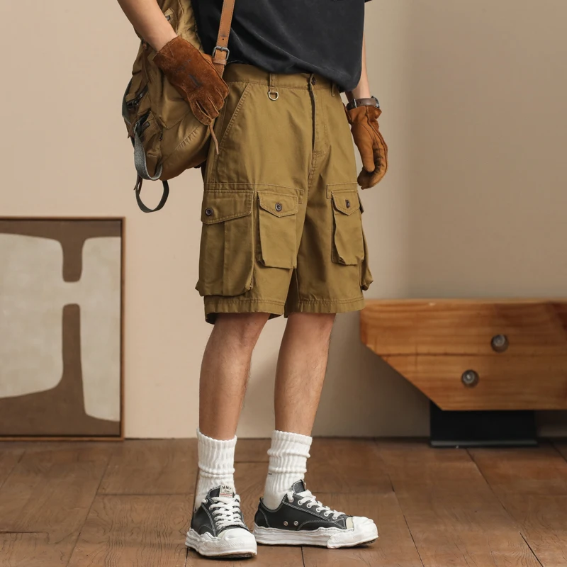 Summer street men's work shorts High-end combed cotton loose fit knee-length pants Multi-pocket model stretch casual pants