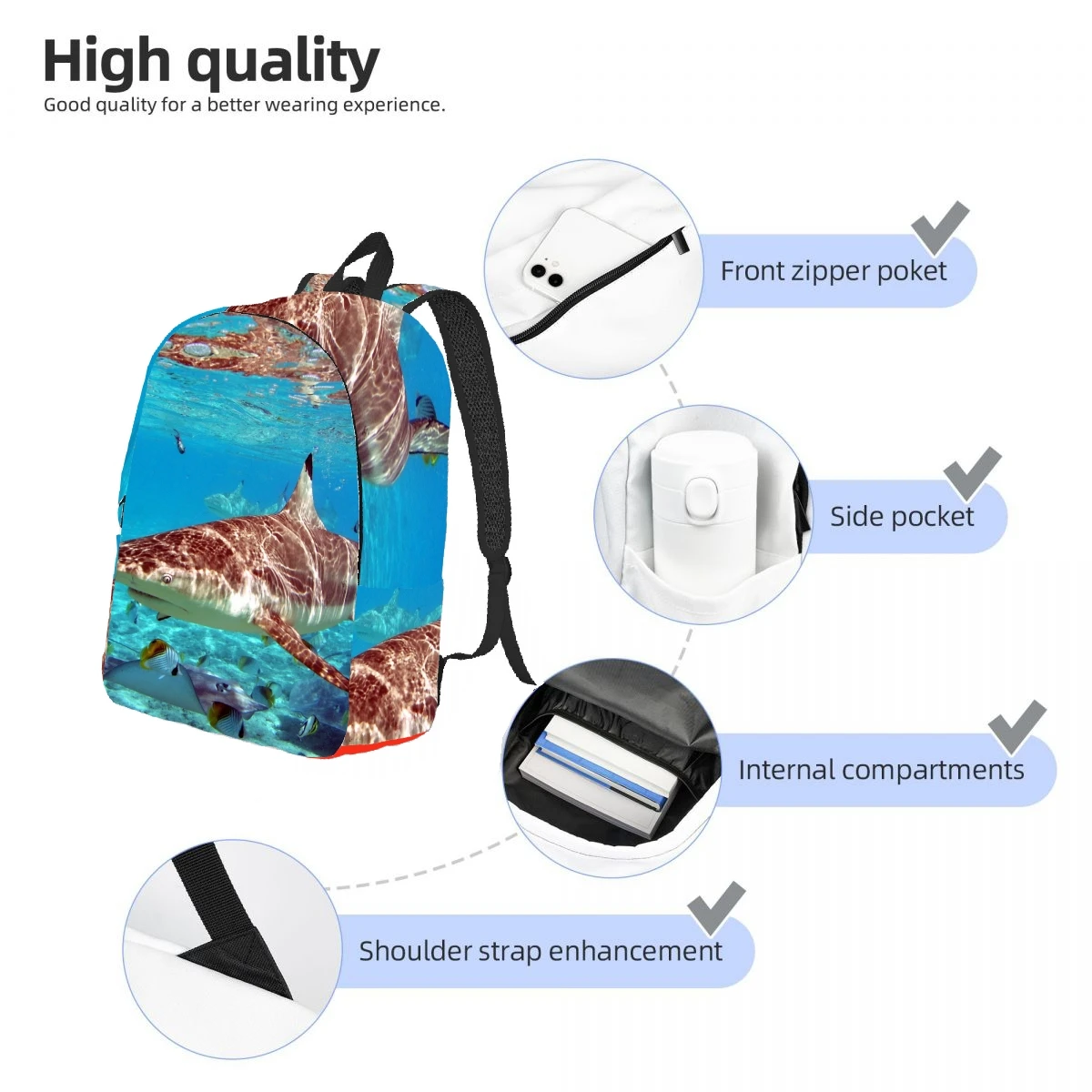Shark Swims Under Water Cushion Backpack Casual Lightweight Laptop Backpack Men Women Travel Bag Outdoor Canvas Daypack