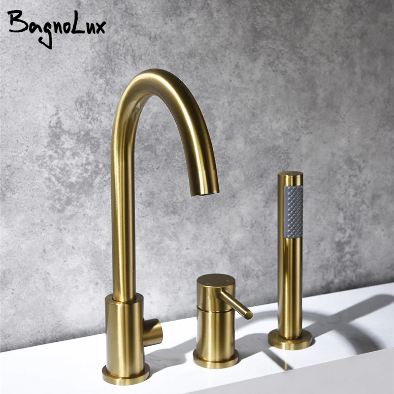 ชุดก๊อกอ่างอาบน้ำสีทองขัดเงา 2 ทาง ก๊อกน้ำแบบกระจายโครเมียม/สีดำ 360 หมุนผสมและชุดฝักบัวมือถือติดตั้งบนดาดฟ้า 1