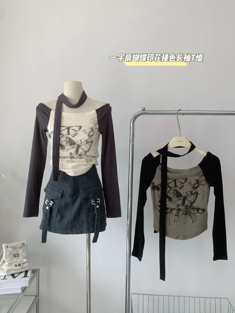 

Women's Patchwork Graphic Print T-shirt 90s Korean Y2k Tee Top Harajuku Vintage Aesthetic Long Sleeve T-shirt 2000s Emo Clothes