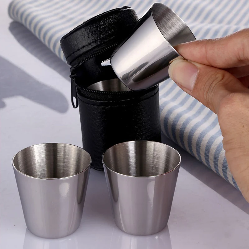 Shot Glasses Polished 30 Ml Stainless Steel Shot Glass Cup Drinking Wine Glasses With Leather Cover Bag For Kitchen Bar Barware 4 Pcs/Set