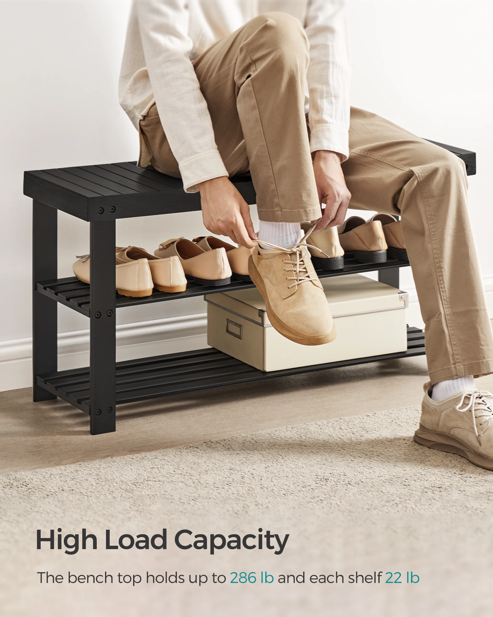 SONGMICS Shoe Rack Bench, 3-Tier Bamboo Shoe Storage Organizer, Entryway Bench, Holds Up to 286 lb, 11.3 x 35.4 x 17.8 Inches 3
