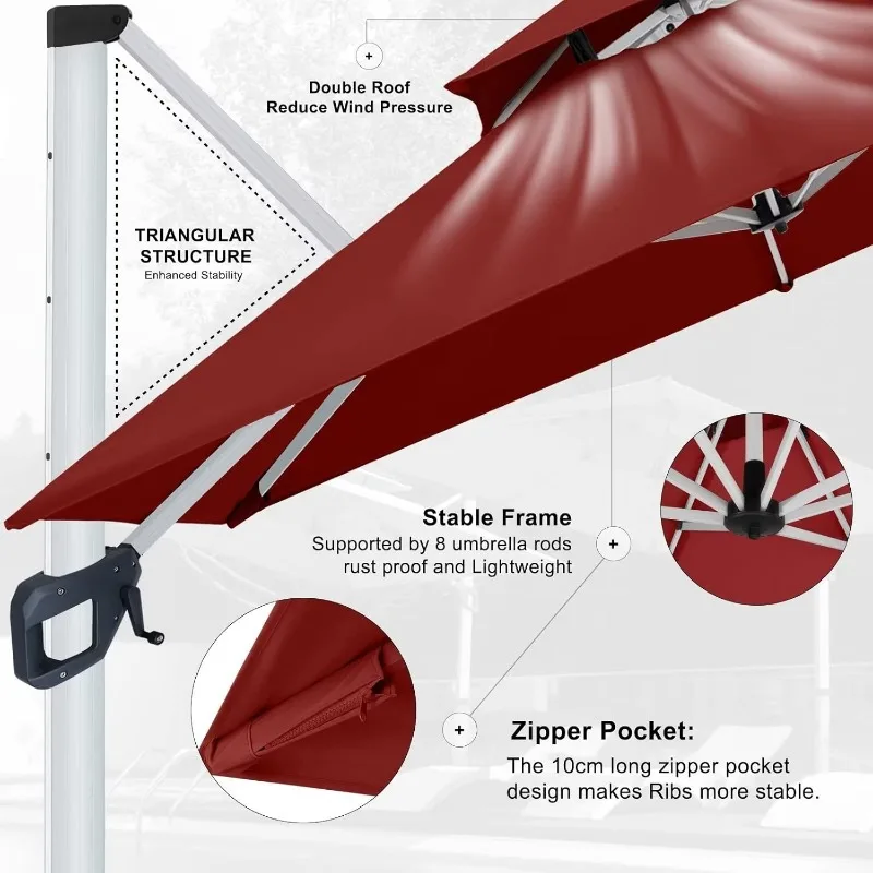 ABCCANOPY 10ft Patio Umbrella-Large Windproof Cantilever Umbrella with 360-degree Rotation, Fade-Resistant Outdoor Offset