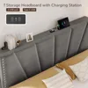 King Size Bed Frame with Velvet Headboard, Platform Bed Featuring Storage Headboard, Charging Station, and LED Lights for Modern 2