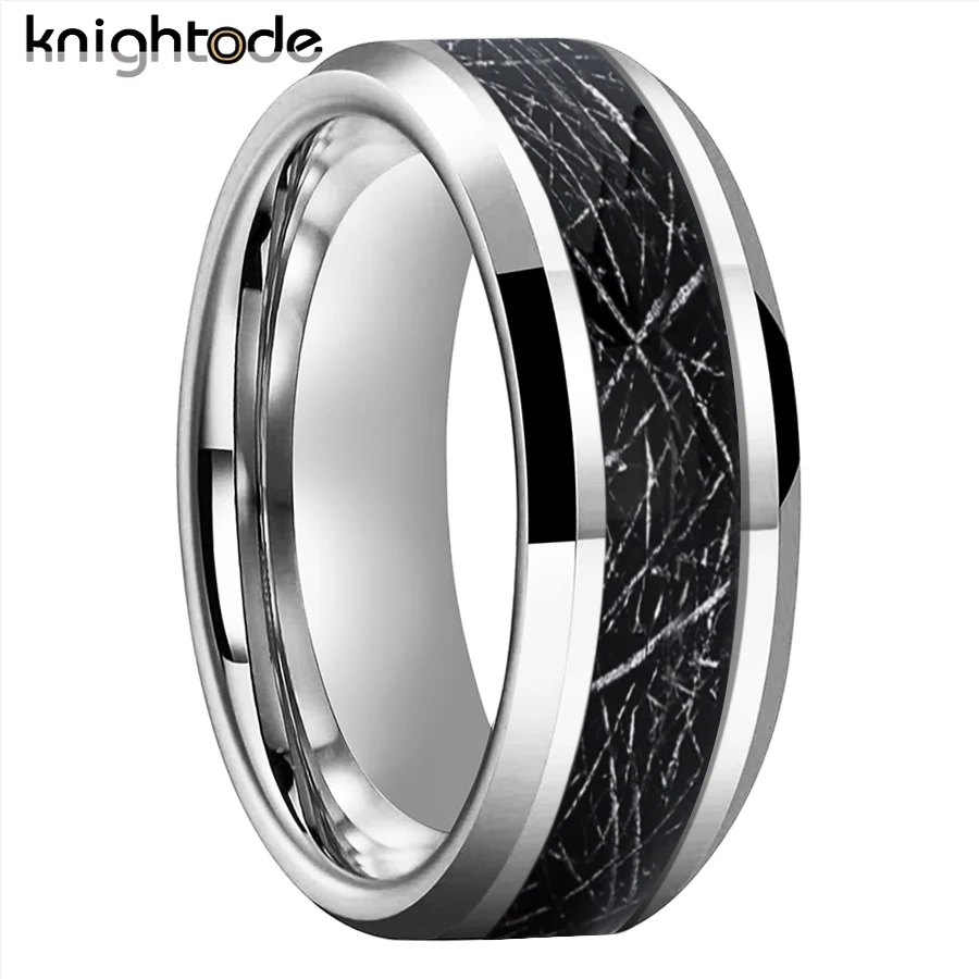 8mm Tungsten Carbide Wedding Band Black Meteorite Inlay Men Women Simple Stlye Flat Rings Beveled Edges Polished Comfort Fit