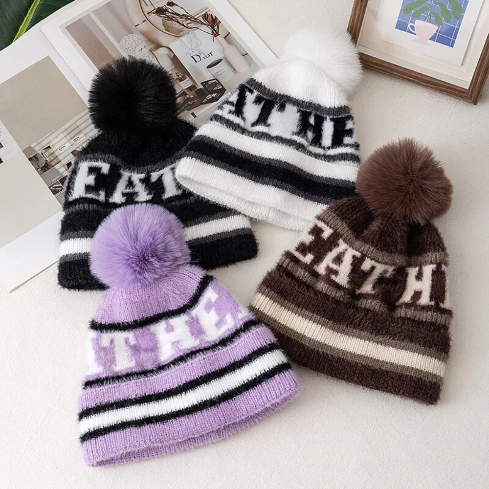 New Style Fashion HEAT Letter Beanie Hat Caps Pompoms Warm Winter Hat Y2K Beanie For Woman Girl