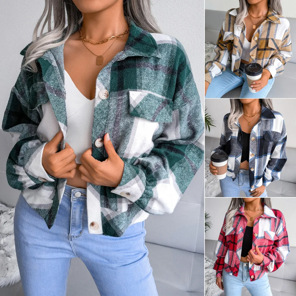 

Autumn Winter Casual Loose Plaid Lantern Long Sleeve Tweed Jacket Warm Women Clothes