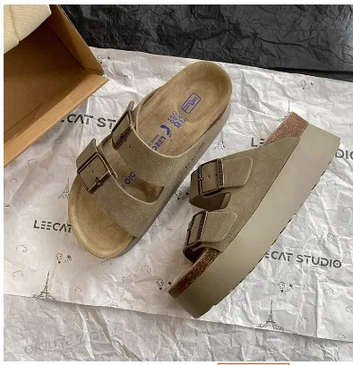 2024 Summer Women's Thick Sole Genuine Leather Buckle Slides Birken Style Beach Outdoor Wear Slipper Casual Walking Shoes