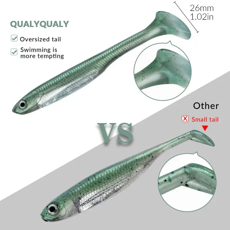 Toasis 3-Inch Soft Plastic Swim Shad Fishing Lures – Pack Of 20, Green With 3D Eyes & Holographic Inserts