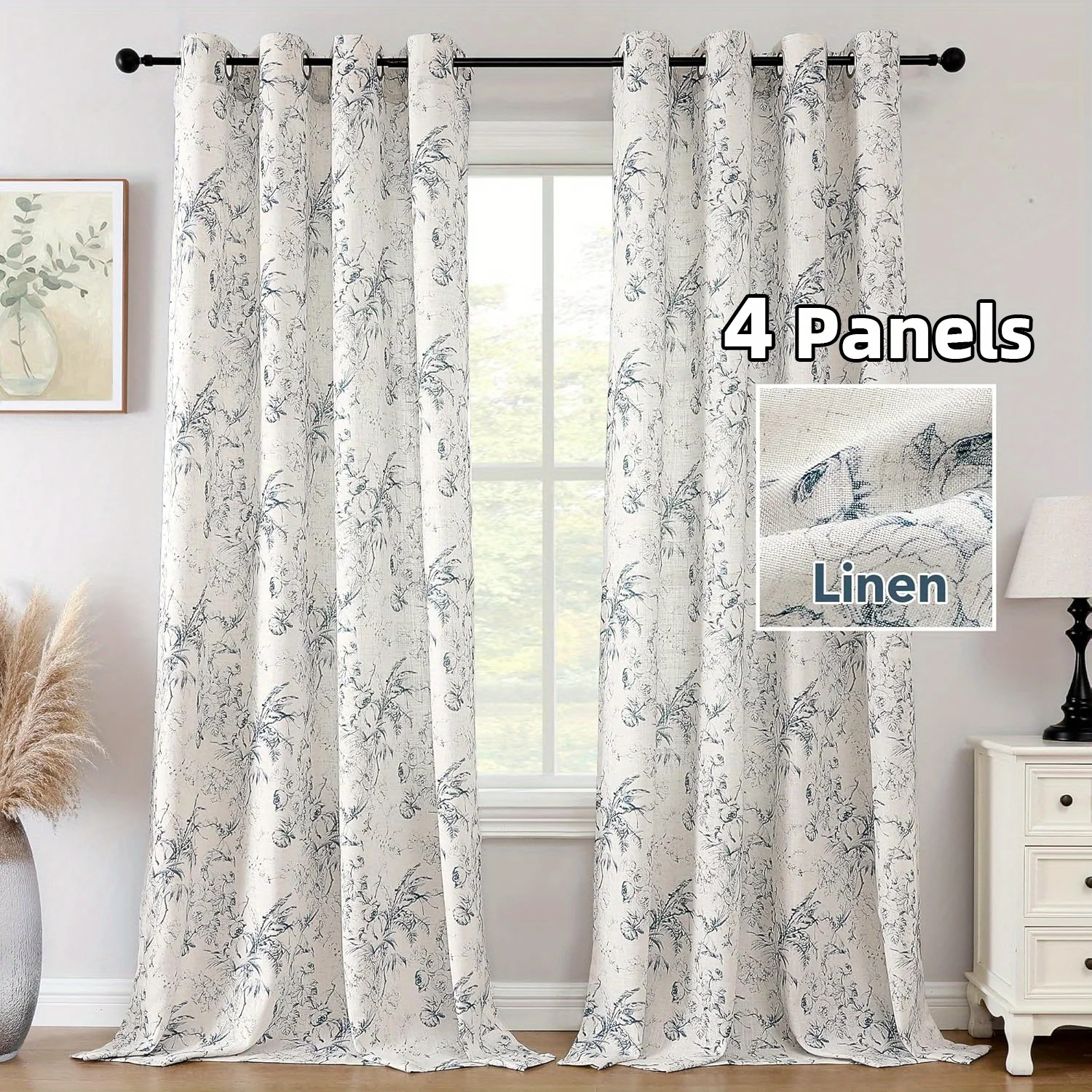 4 Panels Floral Print Linen Curtains for Living Room Drapes Privacy Linen Fabric Window Treatment Curtains for Farmhouse Decor P 3