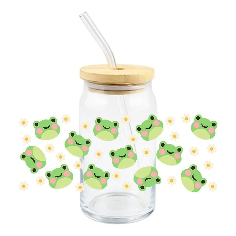 Cute Frog UV DTF Wrap Transfer Stickers Cartoon Green Design DTF Wrap For Glasses Cups Decals Waterproof Decal