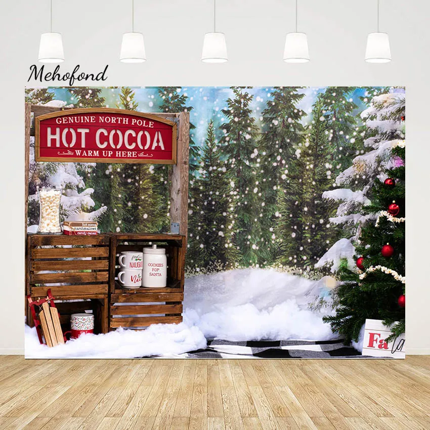 

Mehofond Christmas Backdrop Winter Snow Gift Hot Cocoa Bar Forest Tree Family Festival Portrait Photography Background Decor