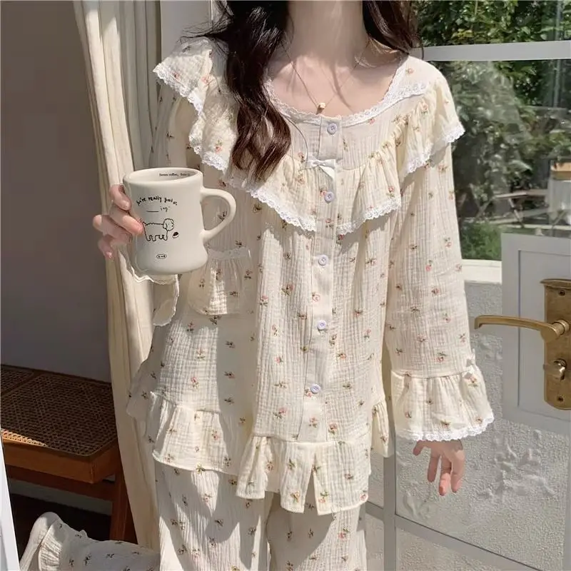 

Lace Sleepwear Women Pajama Sets Floral Piiama Spring Sets 2 Pieces Korean Long Sleeve Night Wears Sleep Button Ruffle Home Suit