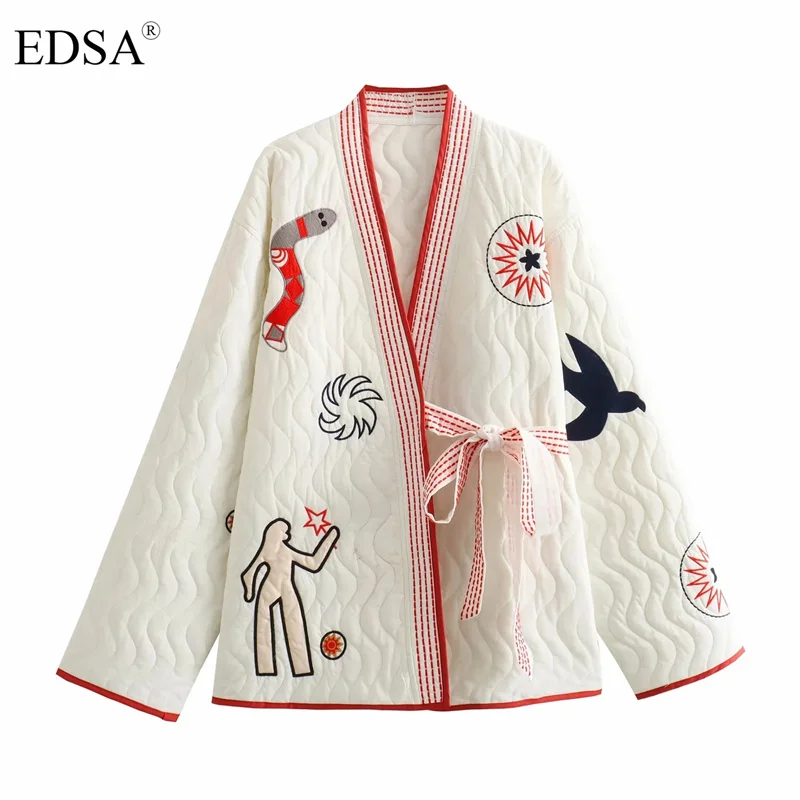 

EDSA Women Elegant Kimono Style Padded Jacket Long Sleeve V-Neck Loose Bow Jacket Embroidery High Street Outerwear