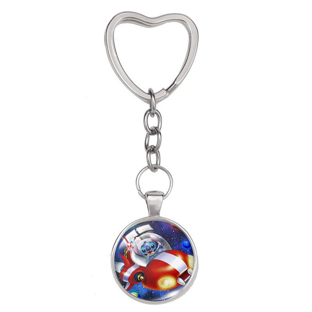 Lilo & Stitch Anime Figure Alloy Glass Heart-shaped Key Ring Key Chain Bag Accessories Children's Toys Birthday Gifts